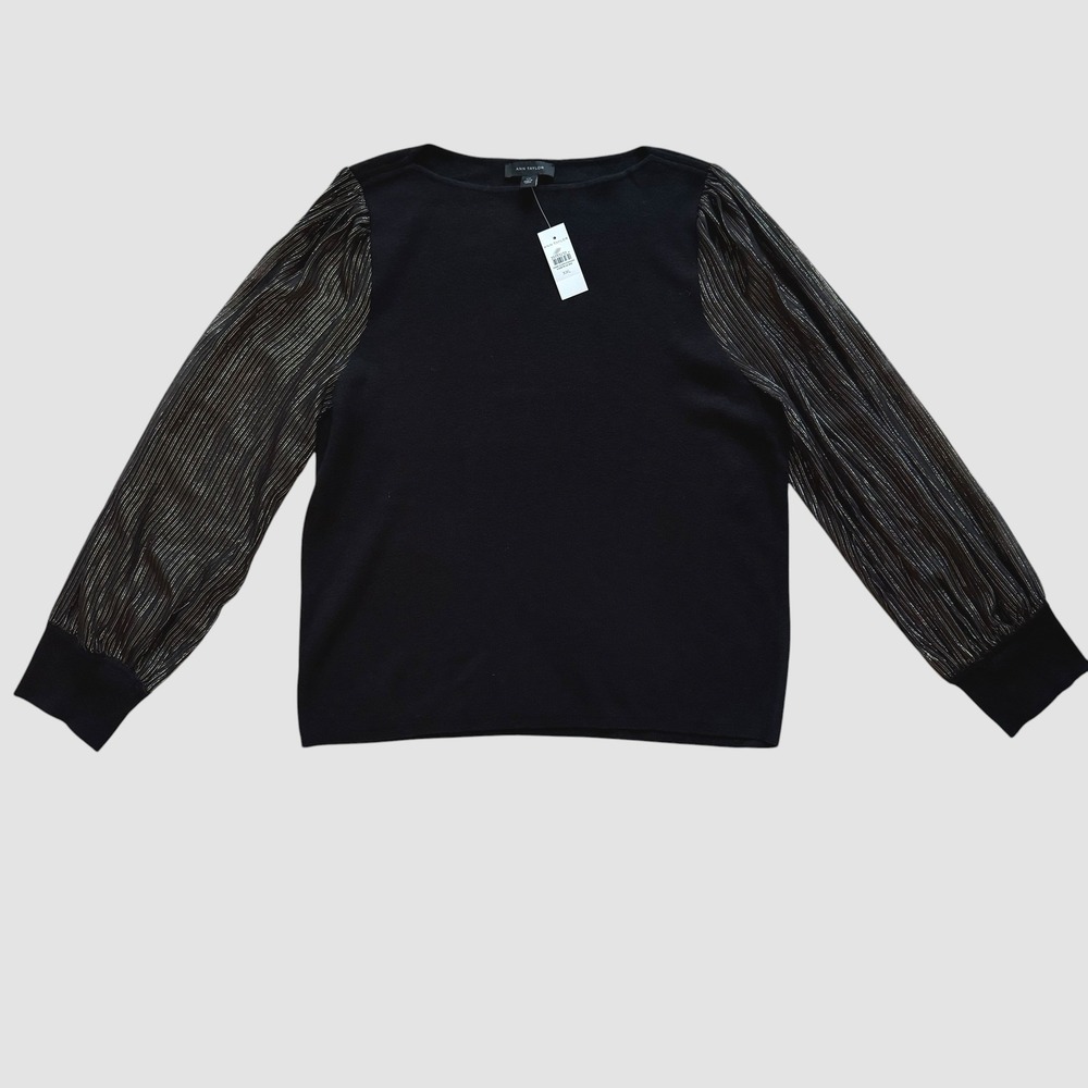 Ann Taylor Black NWT Sweater Sheer Metallic Pleated Sleeve XXL Holiday Festive